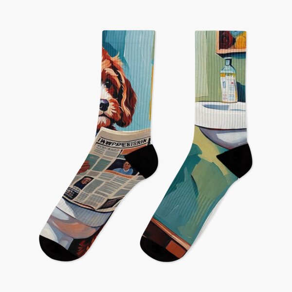 Item preview, Vintage Retro - Cute Adorable Red Cavapoo Sitting in the Toilet While Reading a Newspaper designed and sold by MyArt23.