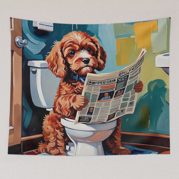 Item preview, Vintage Retro - Cute Adorable Red Cavapoo Sitting in the Toilet While Reading a Newspaper designed and sold by MyArt23.