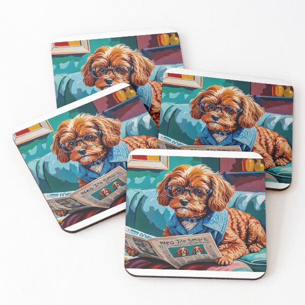 Item preview, Vintage Retro - Cute Adorable Red Cavapoo Wearing Glasses Sitting in the Living Room Sofa While Reading a Newspaper designed and sold by MyArt23.
