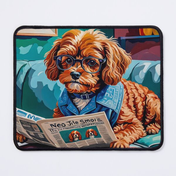 Item preview, Vintage Retro - Cute Adorable Red Cavapoo Wearing Glasses Sitting in the Living Room Sofa While Reading a Newspaper designed and sold by MyArt23.