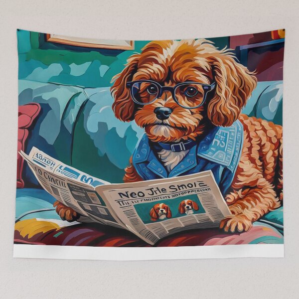 Item preview, Vintage Retro - Cute Adorable Red Cavapoo Wearing Glasses Sitting in the Living Room Sofa While Reading a Newspaper designed and sold by MyArt23.