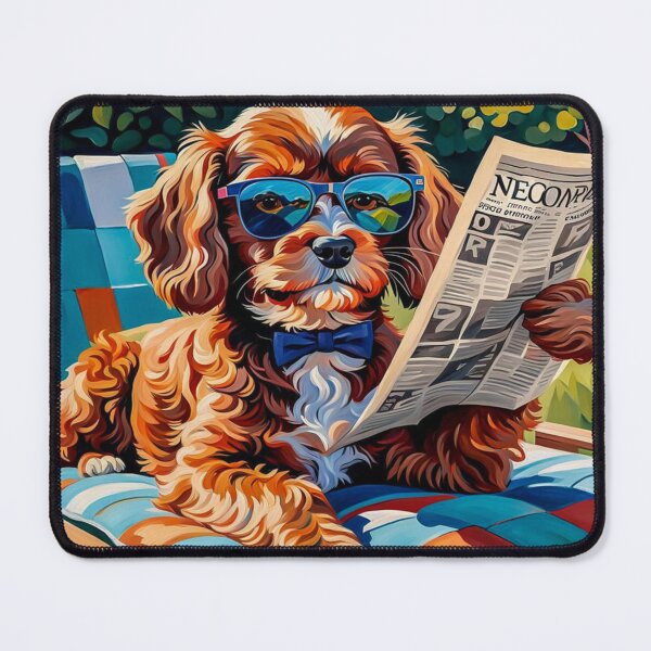Item preview, Vintage Retro - Cute Adorable Red Cavapoo Wearing Sun Glasses Sitting in the Lounger While Reading a Newspaper designed and sold by MyArt23.