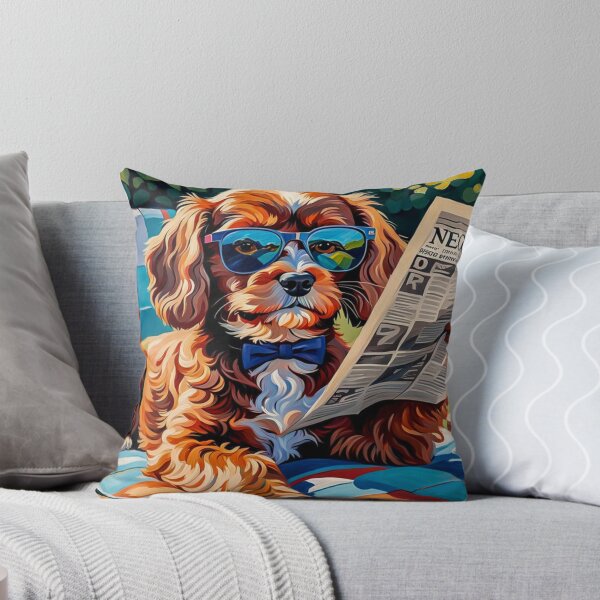 Item preview, Vintage Retro - Cute Adorable Red Cavapoo Wearing Sun Glasses Sitting in the Lounger While Reading a Newspaper designed and sold by MyArt23.
