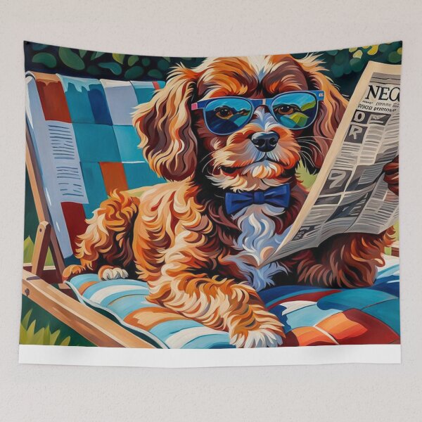 Item preview, Vintage Retro - Cute Adorable Red Cavapoo Wearing Sun Glasses Sitting in the Lounger While Reading a Newspaper designed and sold by MyArt23.
