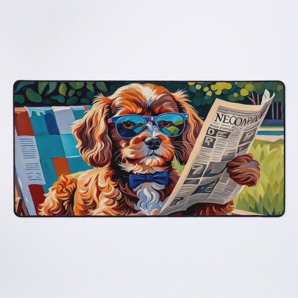 Item preview, Vintage Retro - Cute Adorable Red Cavapoo Wearing Sun Glasses Sitting in the Lounger While Reading a Newspaper designed and sold by MyArt23.