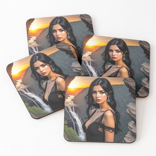 Item preview, Raven Haired Beauty Brown Eyes Sunset Clifftop waterfall designed and sold by EnchantedVista.