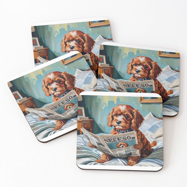 Item preview, Vintage Retro - Cute Adorable Red Cavapoo Sitting and Reading a Newspaper in Bedroom designed and sold by MyArt23.