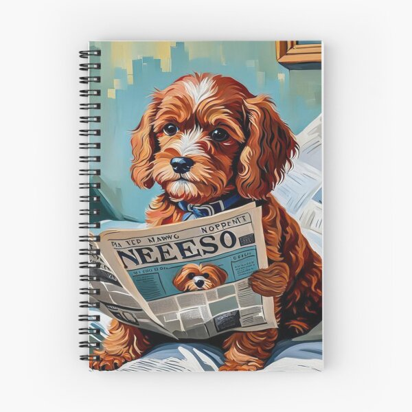 Item preview, Retro vintage: lindo y adorable Cavapoo rojo sentado y leyendo un periódico en el dormitorio designed and sold by MyArt23.