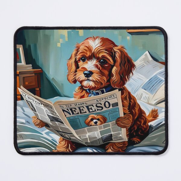 Item preview, Vintage Retro - Cute Adorable Red Cavapoo Sitting and Reading a Newspaper in Bedroom designed and sold by MyArt23.