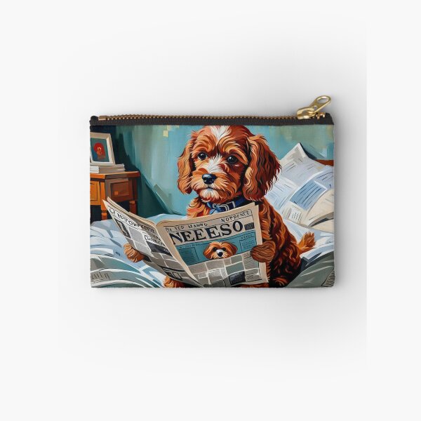 Item preview, Vintage Retro - Cute Adorable Red Cavapoo Sitting and Reading a Newspaper in Bedroom designed and sold by MyArt23.