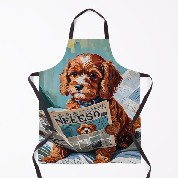 Item preview, Vintage Retro - Cute Adorable Red Cavapoo Sitting and Reading a Newspaper in Bedroom designed and sold by MyArt23.