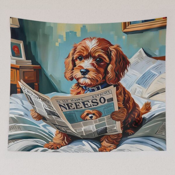 Item preview, Vintage Retro - Cute Adorable Red Cavapoo Sitting and Reading a Newspaper in Bedroom designed and sold by MyArt23.