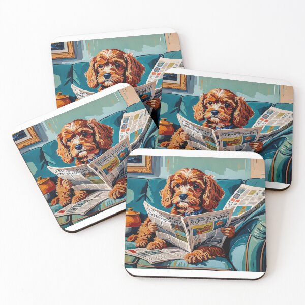 Item preview, Vintage Retro - Cute Adorable Red Cavapoo Wearing Glasses Sitting in the Living Room Sofa While Reading a Newspaper designed and sold by MyArt23.