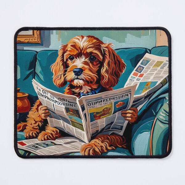 Item preview, Vintage Retro - Cute Adorable Red Cavapoo Wearing Glasses Sitting in the Living Room Sofa While Reading a Newspaper designed and sold by MyArt23.