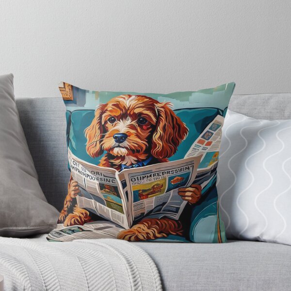 Item preview, Vintage Retro - Cute Adorable Red Cavapoo Wearing Glasses Sitting in the Living Room Sofa While Reading a Newspaper designed and sold by MyArt23.