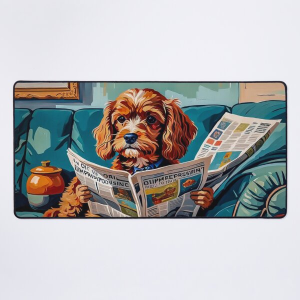 Item preview, Vintage Retro - Cute Adorable Red Cavapoo Wearing Glasses Sitting in the Living Room Sofa While Reading a Newspaper designed and sold by MyArt23.