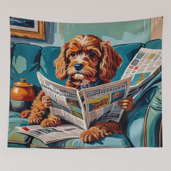 Item preview, Vintage Retro - Cute Adorable Red Cavapoo Wearing Glasses Sitting in the Living Room Sofa While Reading a Newspaper designed and sold by MyArt23.