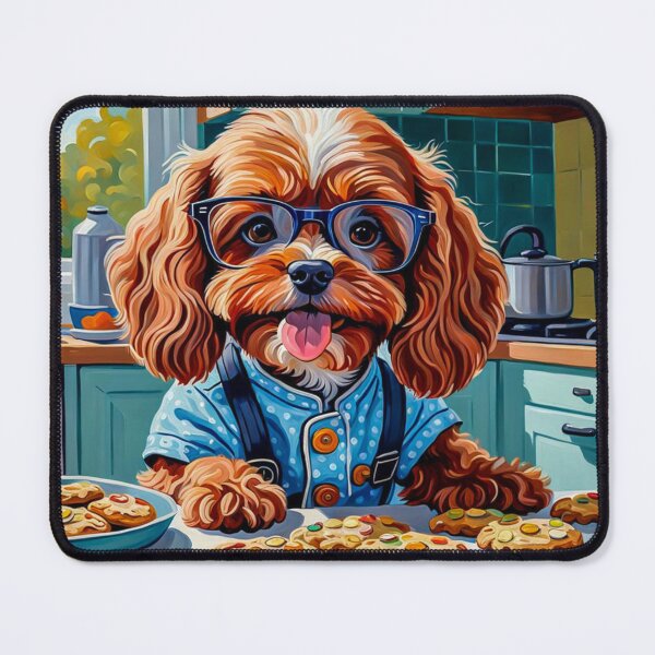Item preview, Vintage Retro - Cute Adorable Red Cavapoo Wearing Glasses Baking Cookies in tthe Kitchen designed and sold by MyArt23.