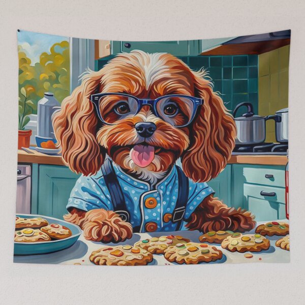 Item preview, Vintage Retro - Cute Adorable Red Cavapoo Wearing Glasses Baking Cookies in tthe Kitchen designed and sold by MyArt23.