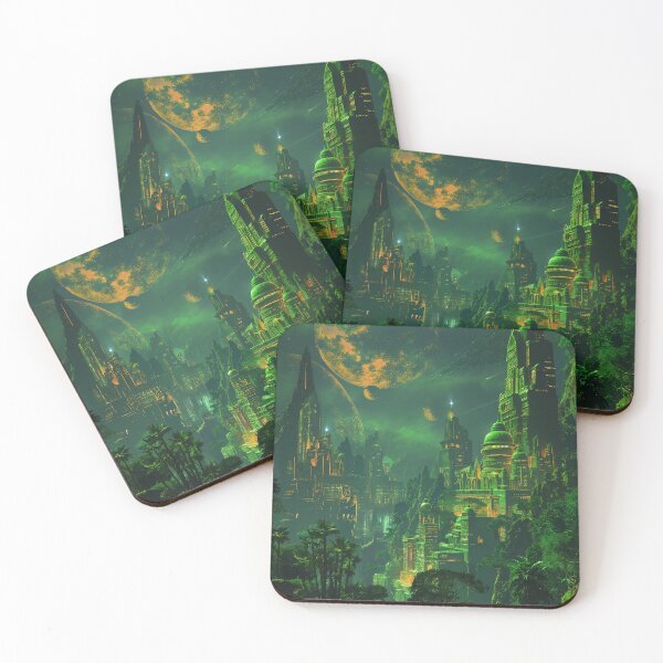 Item preview, A lush green Babylonian Solarpunk Cityscape at Night designed and sold by deepglitchart.