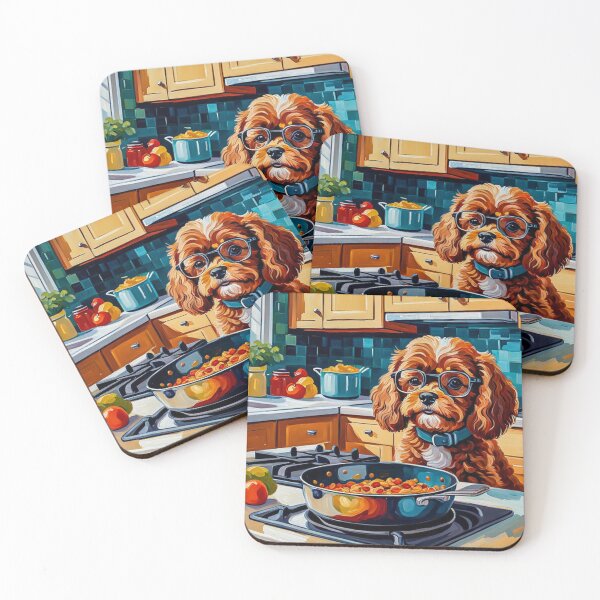 Item preview, Vintage Retro - Cute Adorable Red Cavapoo Wearing Glasses Cooking Breakfast in the Kitchen designed and sold by MyArt23.