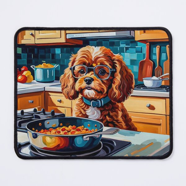 Item preview, Vintage Retro - Cute Adorable Red Cavapoo Wearing Glasses Cooking Breakfast in the Kitchen designed and sold by MyArt23.