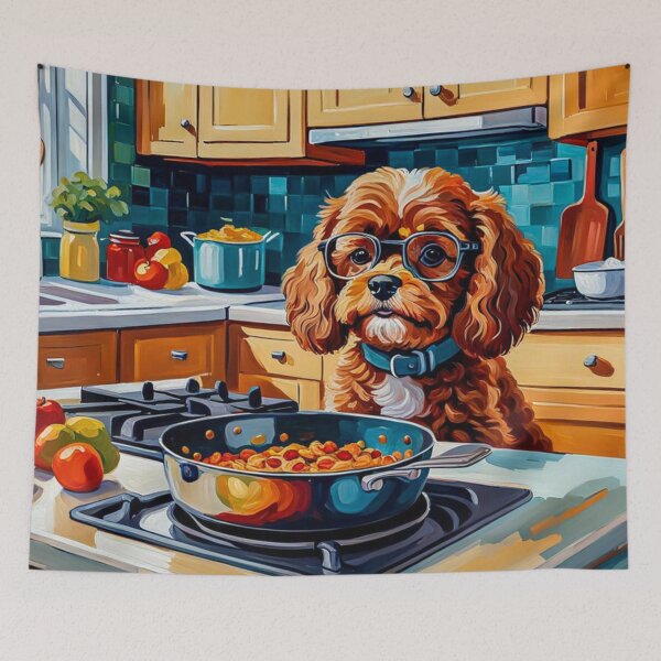 Item preview, Vintage Retro - Cute Adorable Red Cavapoo Wearing Glasses Cooking Breakfast in the Kitchen designed and sold by MyArt23.