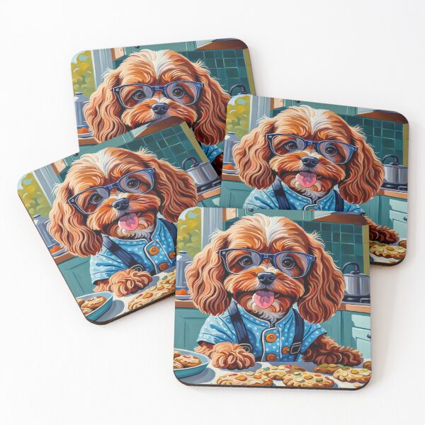 Item preview, Vintage Retro - Cute Adorable Red Cavapoo Wearing Glasses Baking Cookies in tthe Kitchen designed and sold by MyArt23.