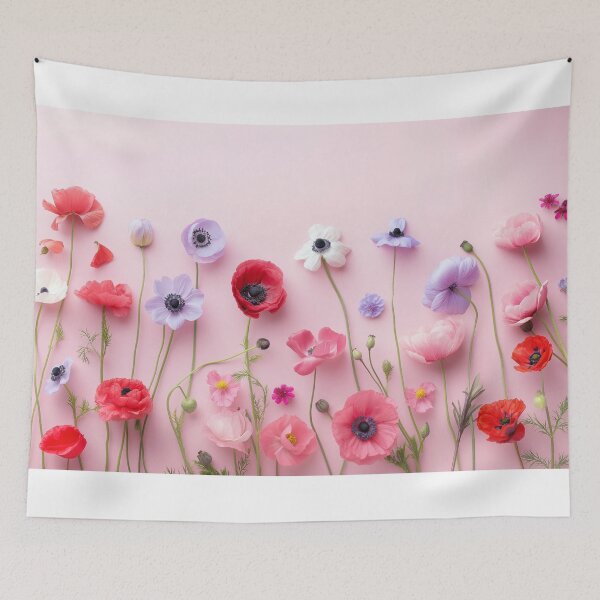 Item preview, Colorful pastel flowers on a light pink background in a flat lay top view designed and sold by Lelica011.