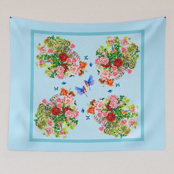 Item preview, SK Exquisite flowers, Butterflies, and a Bird on a poker dot blue background  designed and sold by SueKnox.