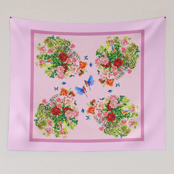Item preview, SK Exquisite flowers, Butterflies, and a Bird on a poker dot pink background  designed and sold by SueKnox.
