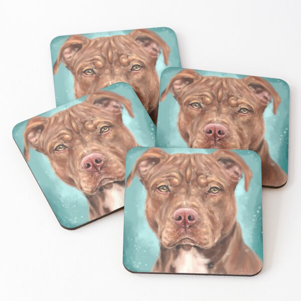 Item preview, Painting of a Majestic Red Nose Pit Bull With Soulful Eyes, on Bluish Green Background designed and sold by ibadishi.