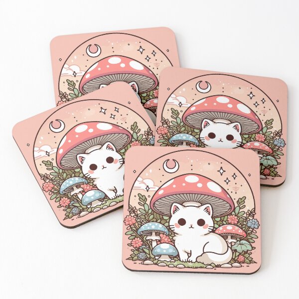 Item preview, Kawaii White Cat in Mushroom Garden designed and sold by TomFrontierArt.