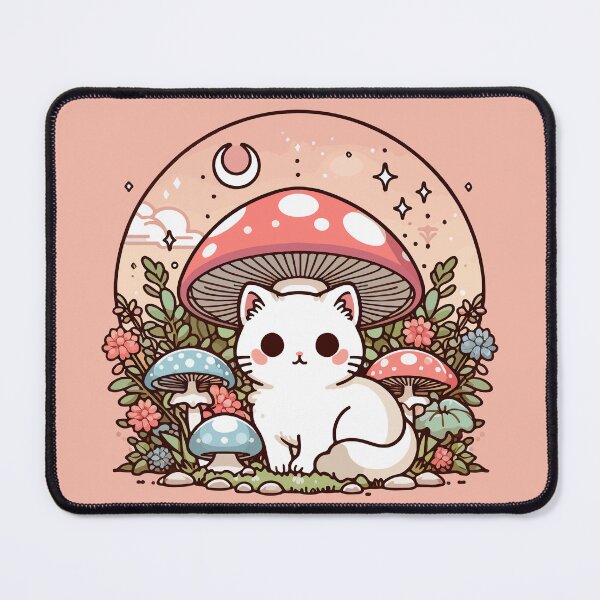 Item preview, Kawaii White Cat in Mushroom Garden designed and sold by TomFrontierArt.