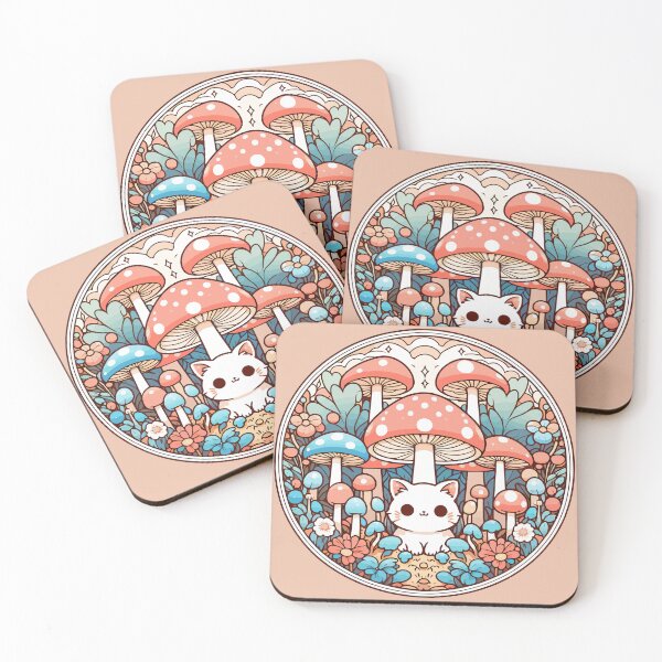 Item preview, Kawaii Little White Cat in Mushroom Garden designed and sold by TomFrontierArt.