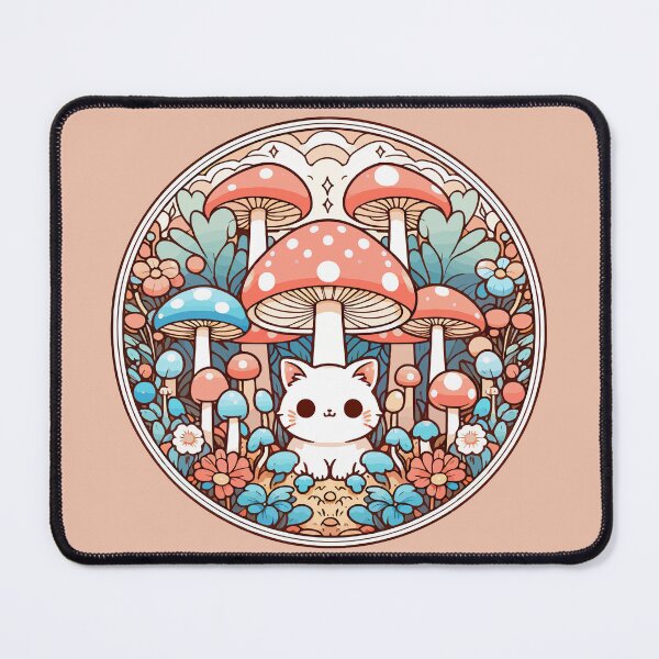 Item preview, Kawaii Little White Cat in Mushroom Garden designed and sold by TomFrontierArt.