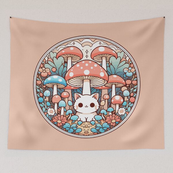 Item preview, Kawaii Little White Cat in Mushroom Garden designed and sold by TomFrontierArt.