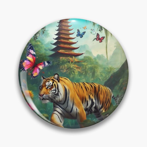 Item preview,  Tiger and butterfly, plants, flowers, nature, pagoda, China designed and sold by Sugar Wisdom .