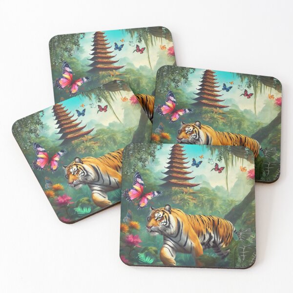 Item preview,  Tiger and butterfly, plants, flowers, nature, pagoda, China designed and sold by Sugar Wisdom .