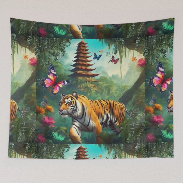 Item preview,  Tiger and butterfly, plants, flowers, nature, pagoda, China designed and sold by Sugar Wisdom .