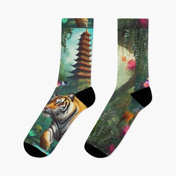 Item preview,  Tiger and butterfly, plants, flowers, nature, pagoda, China designed and sold by Sugar Wisdom .