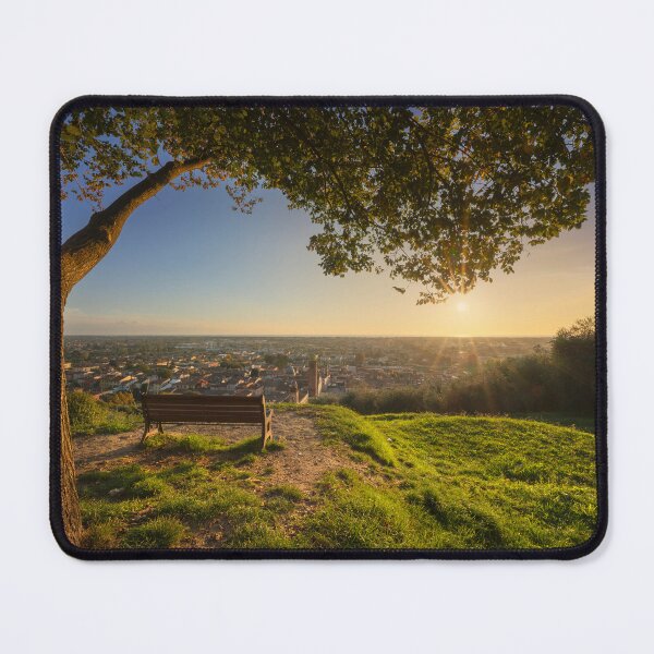 Item preview, Tree, bench and Pietrasanta aerial view at sunset. Tuscany, Italy designed and sold by Stefano Orazzini.