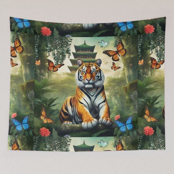 Item preview, Tiger and butterfly, plants, flowers, nature, pagoda, China designed and sold by Sugar Wisdom .