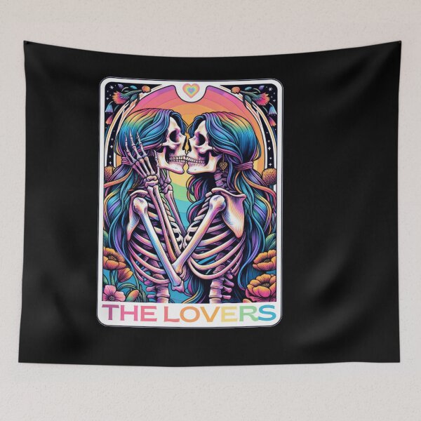 Item preview, Tarot Card The Lovers Rainbow Kissing Lesbian Skeletons designed and sold by MegiWu.