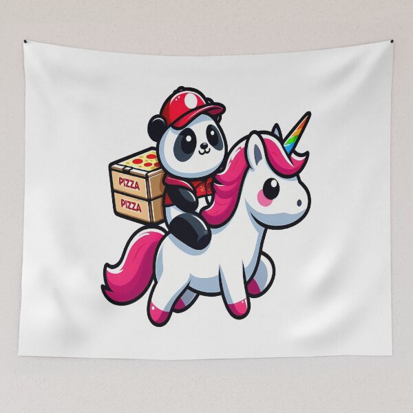 Item preview, Kawaii panda delivering pizza with unicorn  designed and sold by Ella_Sketch.