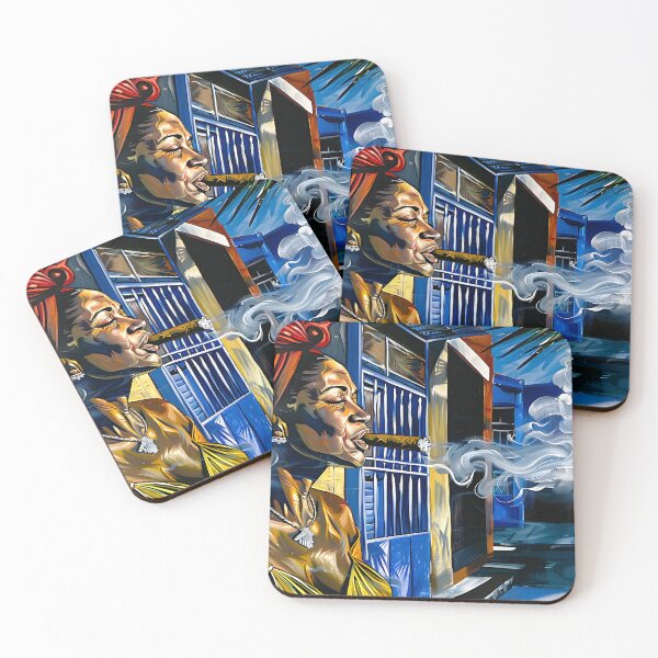Item preview, Dynamic Cuban Spirit - Woman with Red Headwrap and Cigar in Colorful Mural designed and sold by OlfactoART Studio.