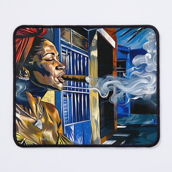 Item preview, Dynamic Cuban Spirit - Woman with Red Headwrap and Cigar in Colorful Mural designed and sold by OlfactoART Studio.