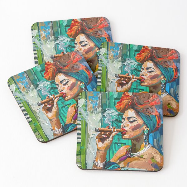Item preview, Cuban Cigar Expressive Elegance - Cuban Woman with Headwrap and Jewelry in Lively Mural designed and sold by OlfactoART Studio.