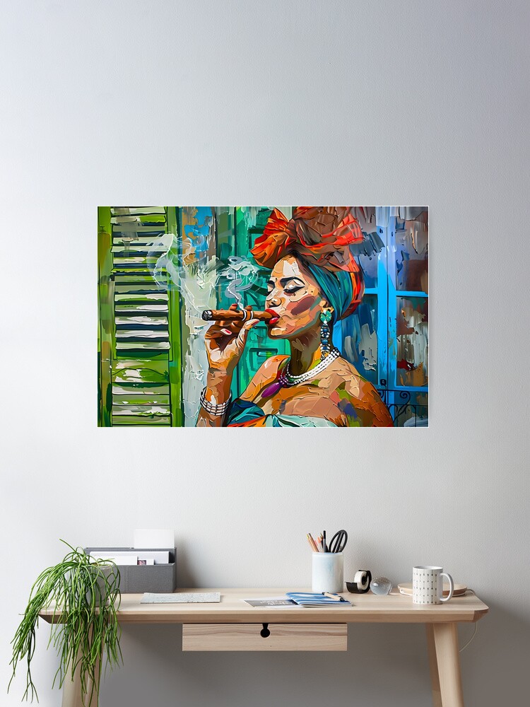 Thumbnail 2 of 3, Poster, Cuban Cigar Expressive Elegance - Cuban Woman with Headwrap and Jewelry in Lively Mural designed and sold by Olfacto-ART.