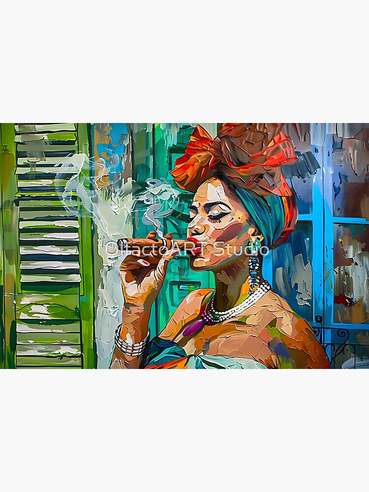 Thumbnail 3 of 3, Poster, Cuban Cigar Expressive Elegance - Cuban Woman with Headwrap and Jewelry in Lively Mural designed and sold by Olfacto-ART.